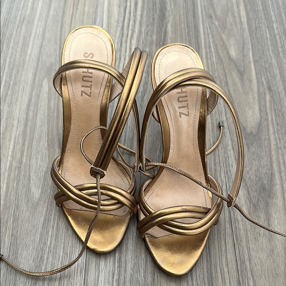 SCHUTZ Metallic Gold Heels Strappy Sandals